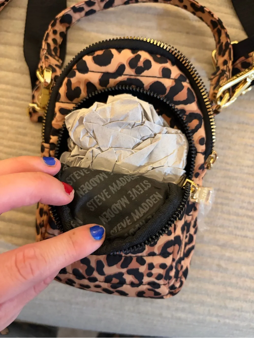 Steve Madden Jenna leopard nylon mini crossbody bag